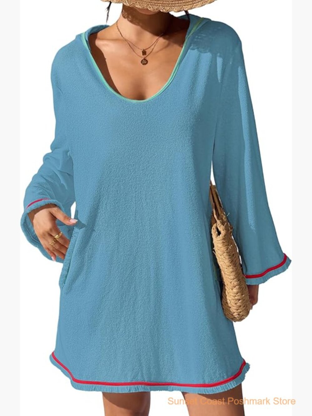 Terry Cloth Cover Up Hooded Towel Dress with Pockets